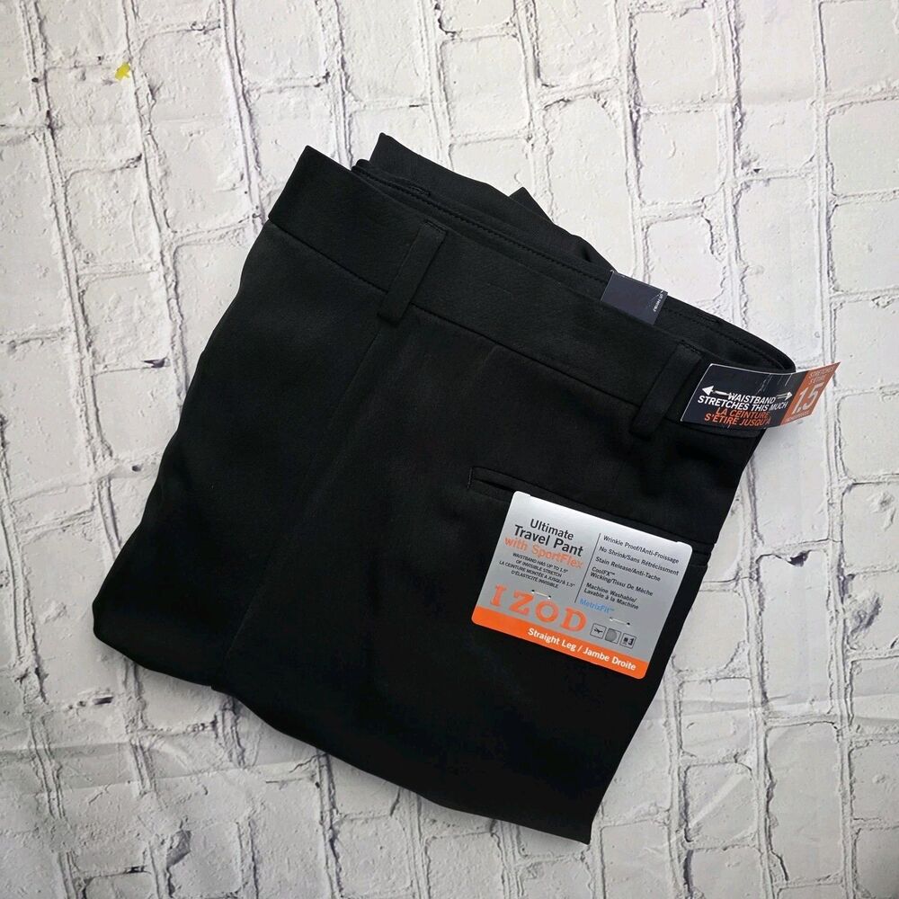IZOD Madison Men's 38x32 Black Chino Flat-Front SportFlex Pants
